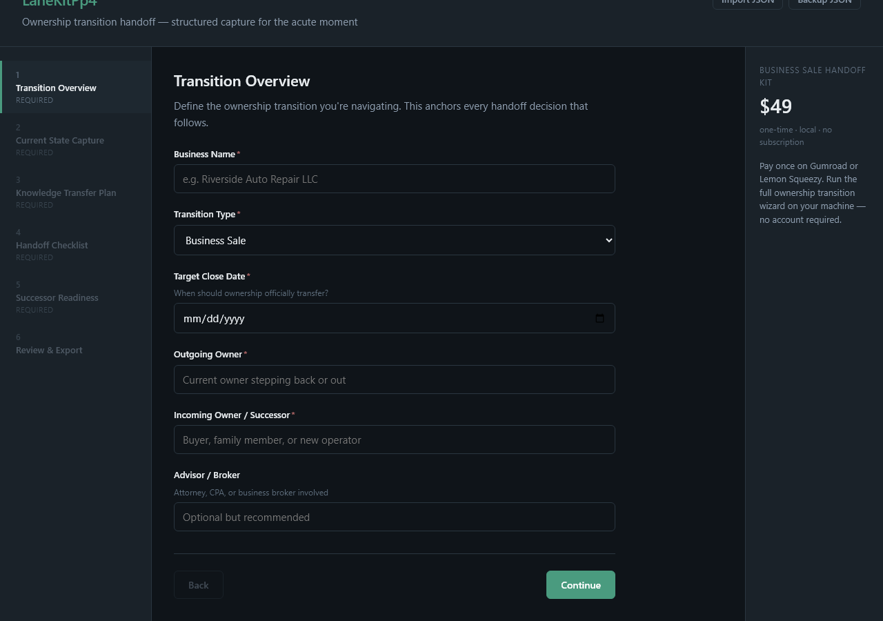 Business Sale Handoff Kit — Seller and buyer transition context