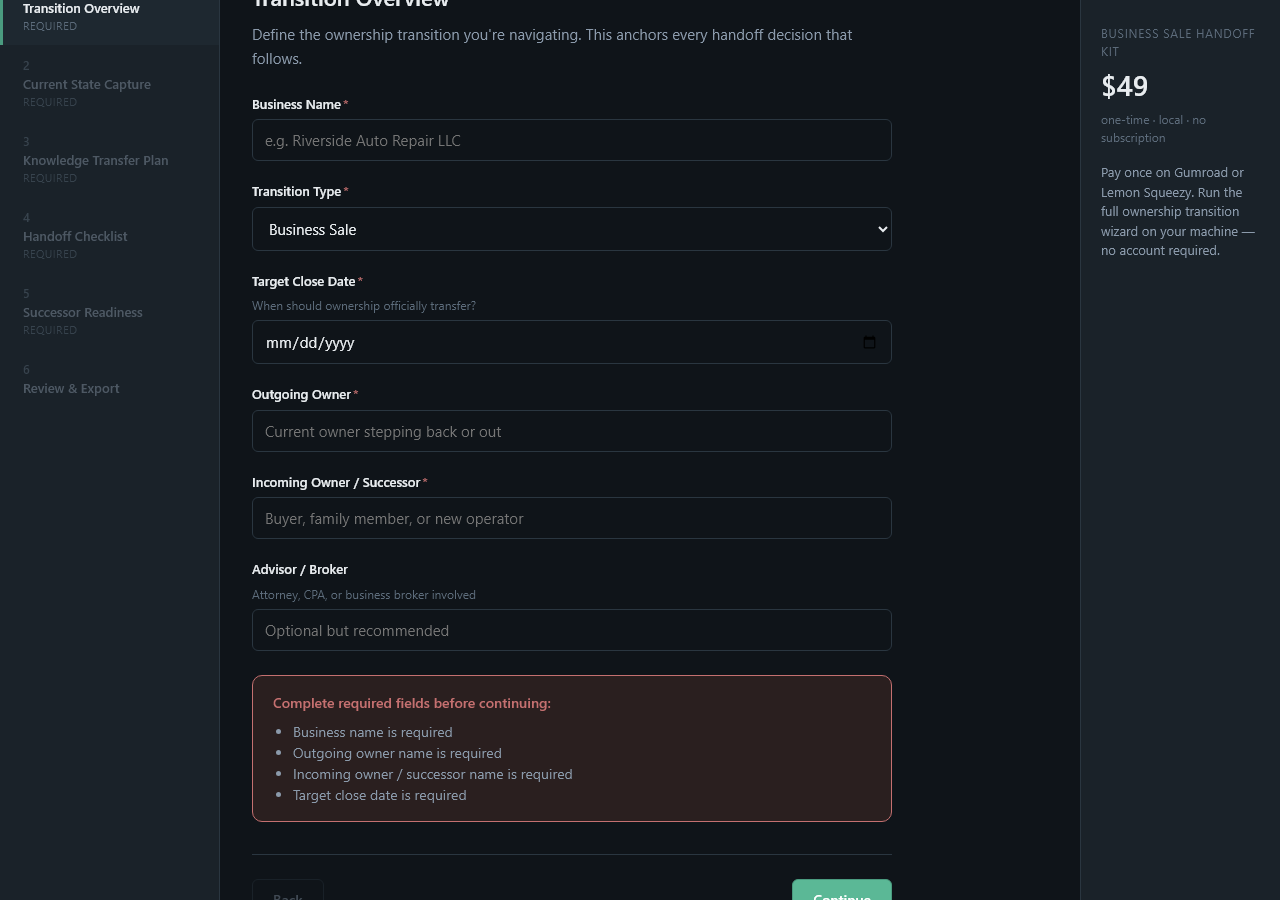 Export the ownership-transition packet